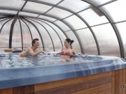 OLD4K. Skinny brunette has sex with her older boyfriend in the pool 1/16