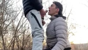 Outdoor twinks blowjob, fucks bareback and more cum in sportwear