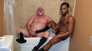 Bear gets pissed on and friend jerks in bathroom with OTC soxes