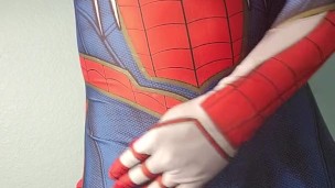 Horny spiderman stroking big dick
