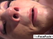 Brunette sucks and chokes on a big cock 16/16