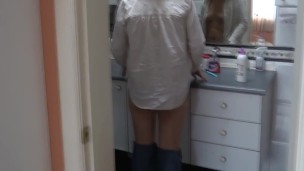 Beautiful 58-year-old Latin mother shows off in front of her stepson to turn him on and make him fuc