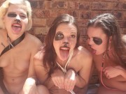 3 drooling topless sluts sitting outside sticking tongues out | heavy make up | spit fetish 3/16