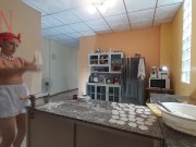 A naked housewife is preparing dinner in the kitchen. The depraved whimsical housekeeper Bra 1 14/16