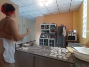 A naked housewife is preparing dinner in the kitchen. The depraved whimsical housekeeper Bra 1 3/16