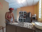 A naked housewife is preparing dinner in the kitchen. The depraved whimsical housekeeper Bra 1 4/16