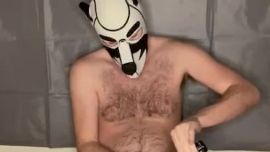 Alpha pup sniffs pits and cums on sweaty briefs 