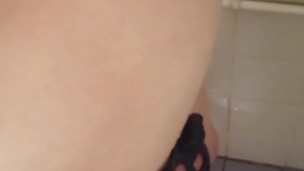 Puppy fucks self in chastity and bulges belly