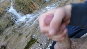 Handsome Gives Perfect Cumshot from Nice Big Hard Cock Spit in Front of River Waterfall