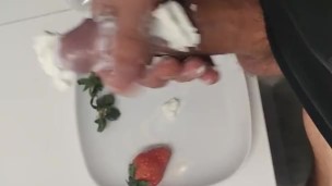 The Pig with a Big Cock Eats Strawberries and Cream Spread on his Dick for Breakfast