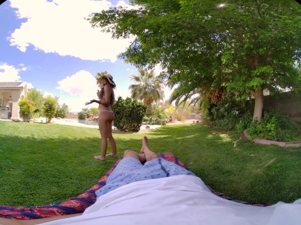 Thin Latina with a big booty rides your cock outdoors in virtual reality