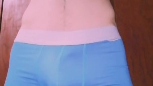 Guy takes bulge out of his boxers to show uncut cock while playing with it and finger his ass!