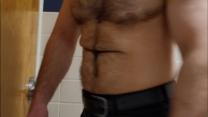 Business casual MUSCLE BEAR FLEXING IN public br