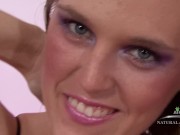 Sexy blonde babe Amanda Bryant rubs her hairy pussy until she cums