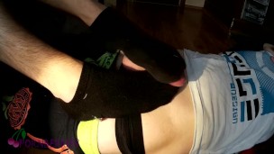 Close up footjob, twink makes his friend cum using his feet in black socks