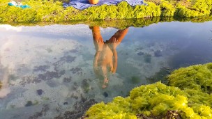 NAKED YOGA Stretching at Ocean shore # Reflection at Sun Set