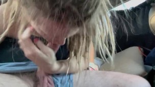 Public backseat roadway head with sexy young blonde