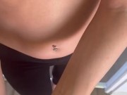 Kitchen blowjob and cum on leggings and feet 