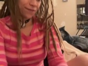  Beautiful green eyed blonde with dreads gives foot fetish handjob 14/16