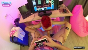 Cute girl sucks dick while I play