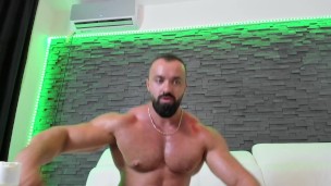 massive oiled big hunk flexing hard jerk cock and shoot massive load