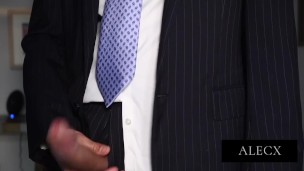 Hung Guy In Suit Cums All over himself in the morning before work