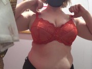 Fitting room mature bbw MILF trying on bras natural big saggy tits. 4/16