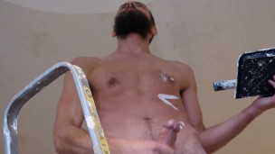 Handsome guy from a street paints the ceiling in our room and gets a boner while doing it