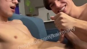 Hot Curly Haired Twink Shoots Huge Load On Own Face After Boyfriend Makes Him Explode