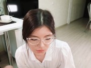 Office secretary came to the boss's house and sucked his cock for the award until he cum on her face 1/16