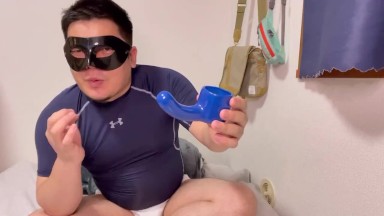 Japanese chubby man enjoys writhing in agony with adult attachments to his massager.