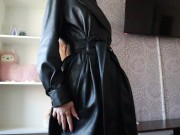GIRL IN A LEATHER COAT AND BLACK PANTYHOSE UNDRESSES AND MASTURBATES VIRGIN PUSSY 2/16
