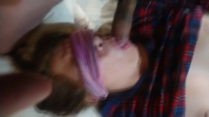 Our passes his huge cock through my wife's mouth and face while he rests, great cumshot