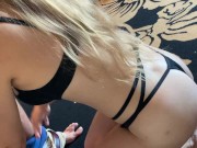 Leashed and collared hotwife worships her bull's big cock as soon as he walks in the door 2/16