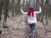 Fast blowjob and footjob in the spring forest with pinkhair girl 3/16