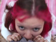 Fast blowjob and footjob in the spring forest with pinkhair girl 7/16