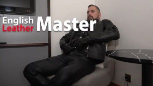 Leather DILF jerks cock while wearing full leather and leather gloves with big cumshot PREVIEW