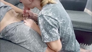 Soft blowjob with a lot of cum in her mouth