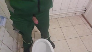 factory worker pissing and jerking off in the toilet