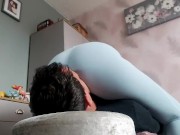 Femdom Facesitting heaven in sexy yoga pants! With a quick cock and ball slapping handjob! 12/16