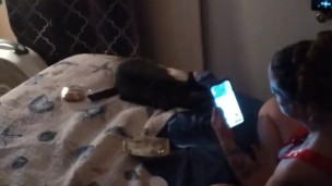 Milf in nightdress caught with roommate watching tv 