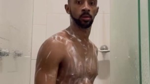Black man jerking off his big bone on shower