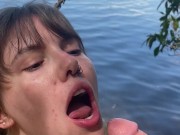 Cumming in my wife's mouth at the lake! 16/16