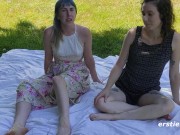 Lesbian Babe Rides a Strapon In the Park 7/16