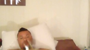 Hot guy self fucks his thick ass with pink dildo and strokes his nice dick
