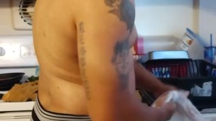 Army Veteran house cleaning in muscle underwear