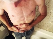 Skinny gay DILF trims up and jerks his hard dick