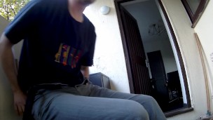 Kudoslong sat on the balcony undressing wanks till he ejaculates spurting cum on body and face