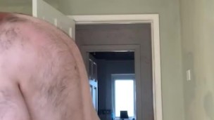 Hairy tubby exhibitionist guy working naked