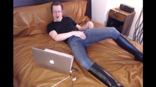 I cum in my jeans and tall boots watching porn on my leather bed